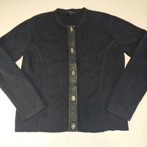 Anne Klein Black Button Up Cardigan‎ Sweater with Leather Placket Women's Size L